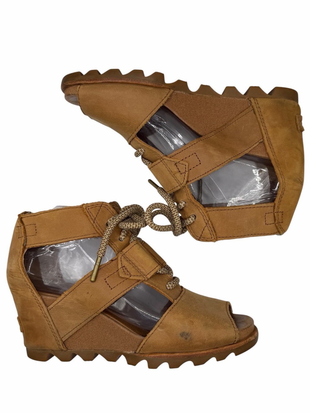Sorel Tan Open-Toe Lace-Up Wedge Sandals - Size 8